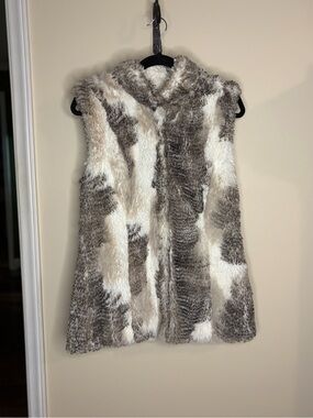 CAbi Cream and Taupe Faux Fur Patchwork Vest #1074